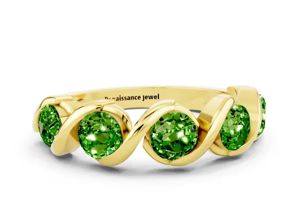 Round Peridot Wave Band with Channel Setting and Shared Prongs Yellow gold