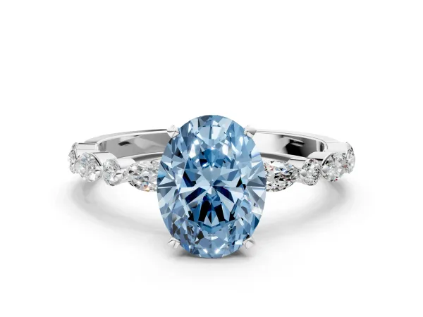Fancy Blue Oval Cut Diamond Ring with Marquise and Round Side Stones and Four-Prong Setting White gold