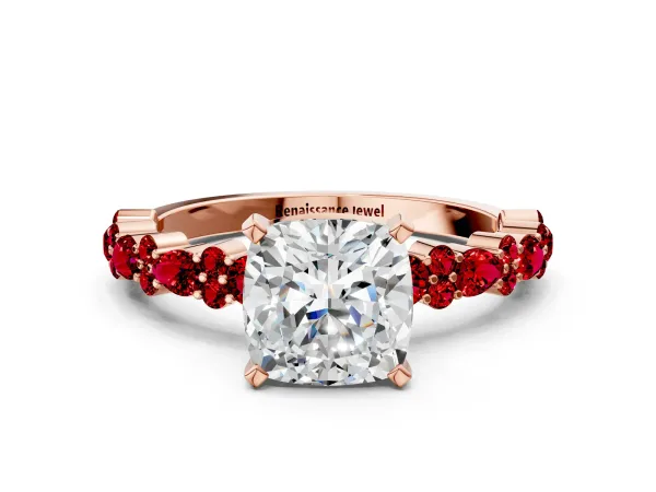 Cushion Cut Diamond Side Stone Solitaire Ring with Round Ruby and Four-Prong Setting Rose gold