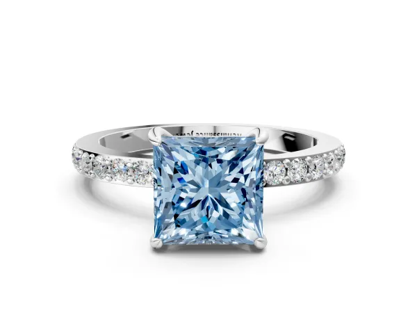 Fancy Blue Princess Cut Diamond Solitaire Engagement Ring with Pavé Band and Four-Prong Setting Platinum