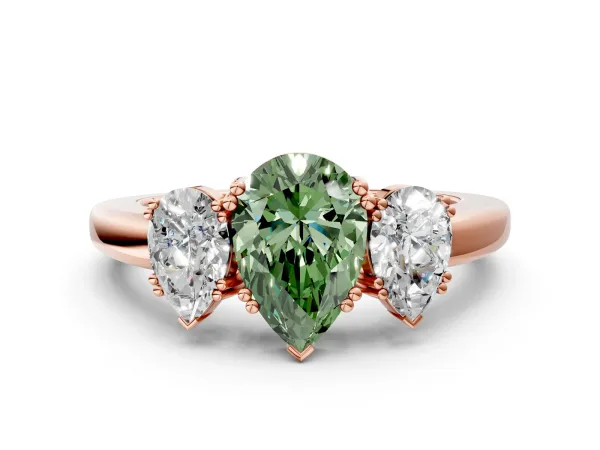 Fancy Green Three-Stone Pear Cut Cut Diamond Ring with Channel Set Band and Four-Prong Setting Rose gold