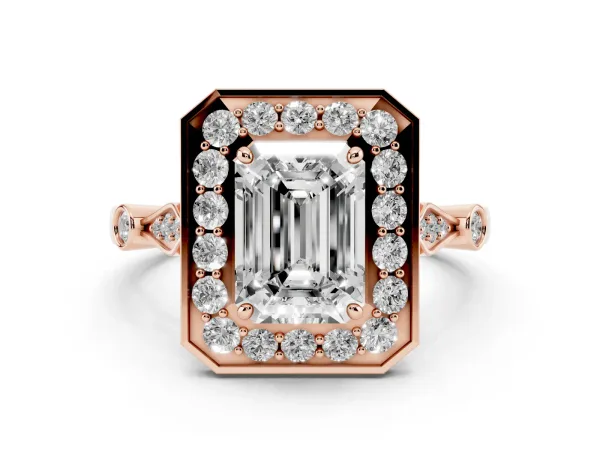 Emerald Cut Halo Diamond Engagement Ring with Twisted Band and Four-Prong Setting Rose gold