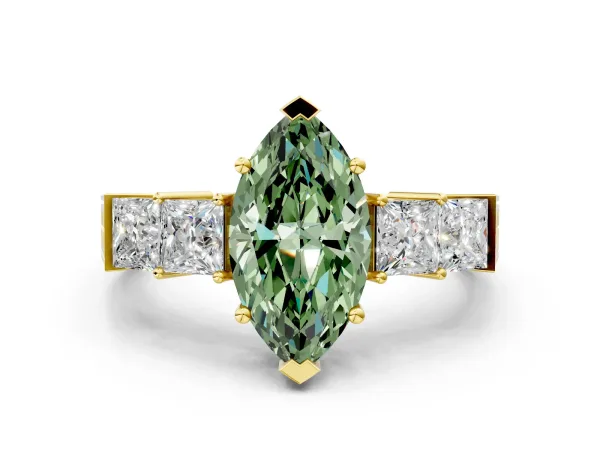 Fancy Green Marquise Cut Solitaire Princess Side Stone Engraved Band Prong Setting Ring Yellow gold