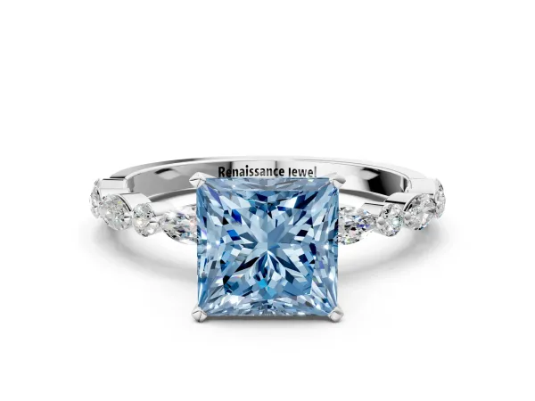 Fancy Blue Princess Cut Diamond Ring with Marquise and Round Side Stones and Four-Prong Setting Platinum