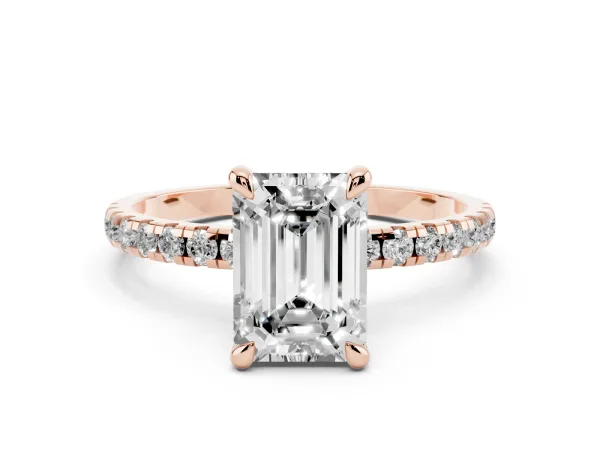 Emerald Cut Diamond Brilliant Solitaire Ring with Pavé Band and Four-Prong Setting Rose gold