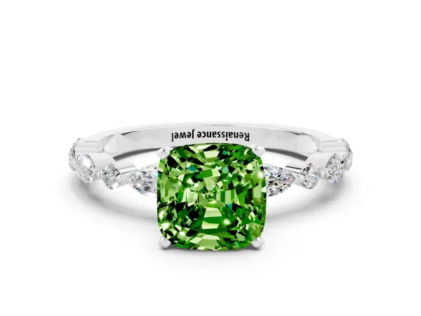 Cushion Cut Peridot Ring with Marquise and Round Side Stones and Four-Prong Setting Platinum