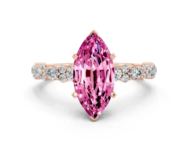 Marquise Cut Pink Sapphire Side Stone Solitaire Ring with Round and Four-Prong Setting Rose gold