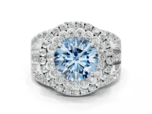 Fancy Blue Round Cut Diamond Double Halo Ring with Round Pavé Split Shank and Prong Setting White gold