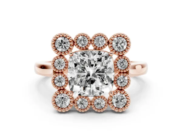Cushion Cut Halo Diamond Cluster Engagement Ring with Milgrain Bezel Setting and Solitaire Band Rose gold