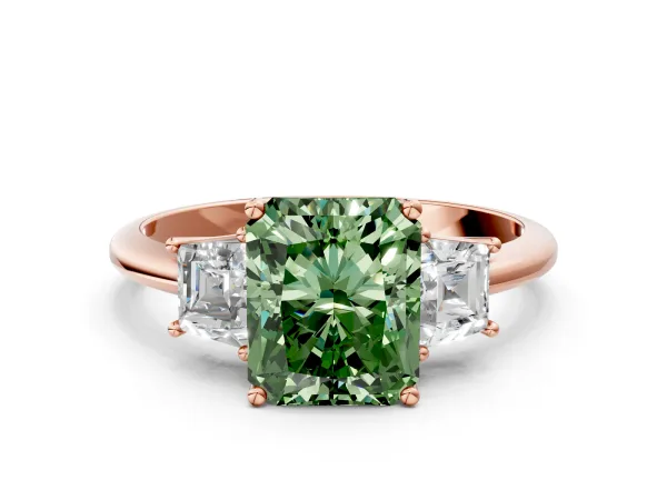 Fancy Green Radiant Cut Diamond Three-Stone Ring with Trapezoid Side Stones and Prong Setting Rose gold