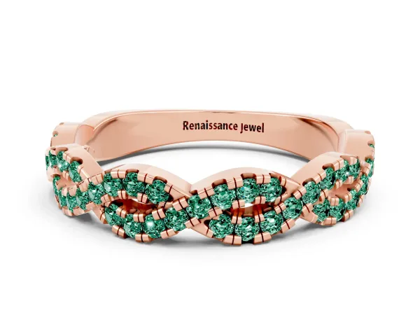 Round Green Sapphire Twisted Eternity Band with Pavé and Shared Prong Setting Rose gold