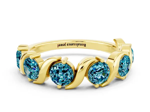 Six-Stone Round Blue Topaz Wave Band with Shared Prong Setting Yellow gold