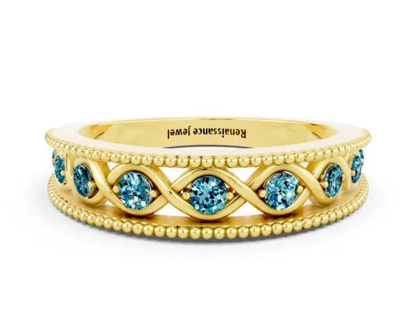 Round Blue Topaz Twist Milgrain Band with Bezel Setting Yellow gold