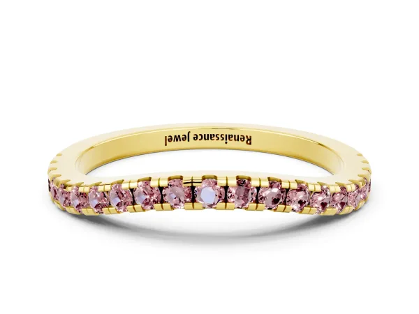 Round Morganite Pavé Half Eternity Band with Shared Prong Setting Yellow gold