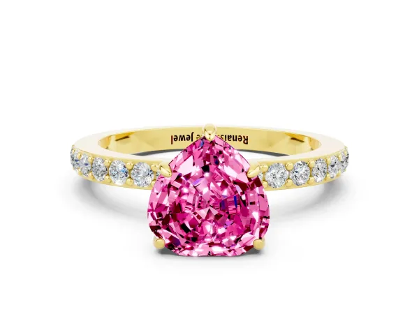 Heart Cut Pink Sapphire Solitaire Engagement Ring with Pavé Band and Four-Prong Setting Yellow gold