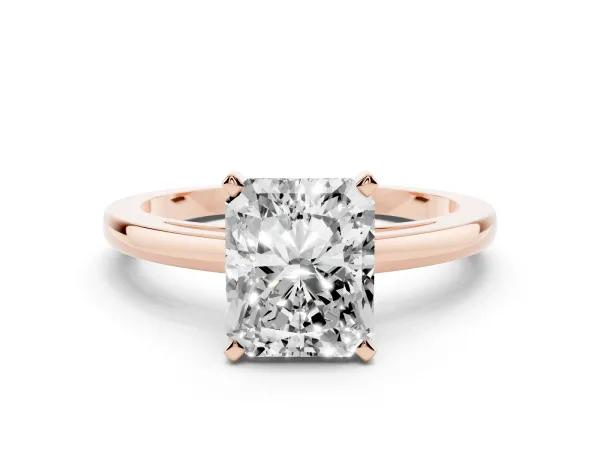 Radiant Cut Solitaire Diamond Engagement Ring with Four-Prong Setting on a Classic Band Rose gold