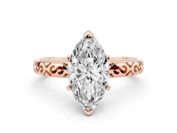 Marquise Cut Solitaire Engagement Ring with Scrollwork Band and Four-Prong Setting Rose gold
