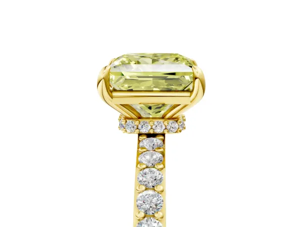Fancy Yellow Princess Cut Diamond Solitaire Engagement Ring with Pavé Band and Four-Prong Setting Yellow gold