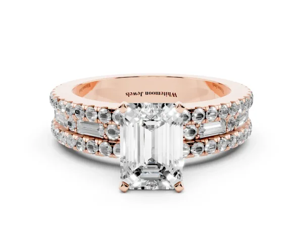 Emerald Cut Diamond Solitaire Ring with Pavé and Channel Set Band Rose gold