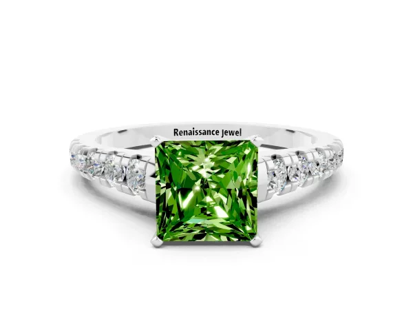 Princess Cut Peridot Cathedral Solitaire Ring with Round Pavé Band Platinum