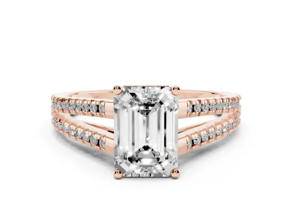 Emerald Cut Diamond Solitaire Engagement Ring with Split Shank Pavé Band Rose gold