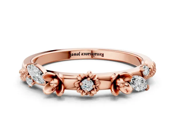 Floral Diamond Band with Round and Marquise Stones, White Gold, Prong Setting Rose gold