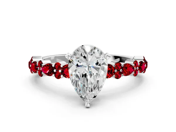 Pear Cut Diamond Side Stone Solitaire Ring with Round Ruby and Four-Prong Setting White gold