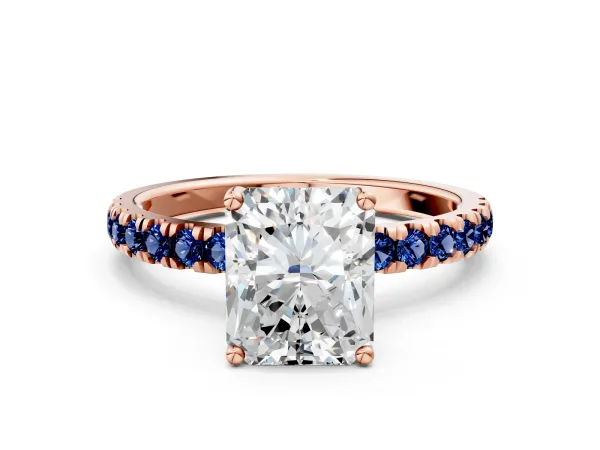 Radiant Cut Diamond Pave Band Solitaire Ring with Round Blue Sapphire and Prong Setting Rose gold