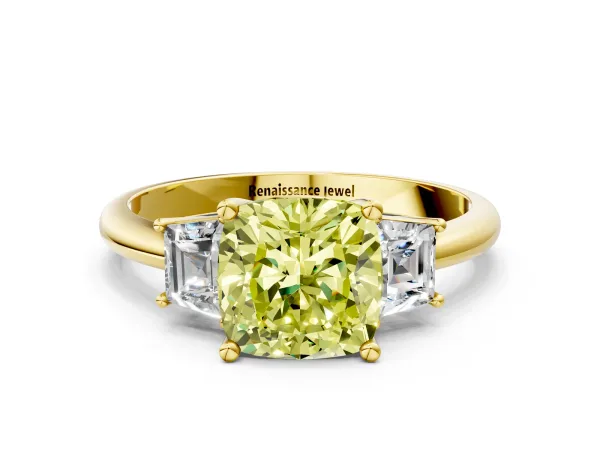 Fancy Yellow Cushion Cut Diamond Three-Stone Ring with Trapezoid Side Stones and Prong Setting Yellow gold