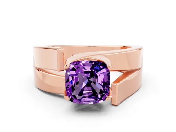 Modern Tension Set Cushion Cut Amethyst Solitaire Wide Band Ring Rose gold