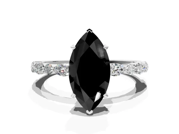 Fancy Black Marquise Cut Diamond Ring with Marquise and Round Side Stones and Four-Prong Setting White gold