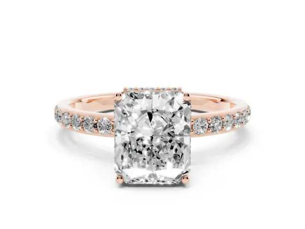 Radiant Cut Diamond Solitaire Ring with Pavé Band and Hidden Halo Rose gold