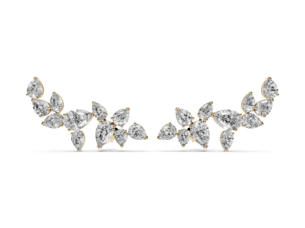 Pear Diamond Curved Cluster Climber Earrings Yellow gold