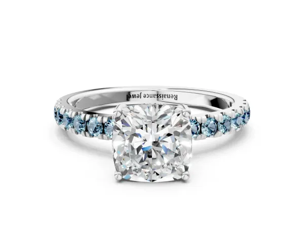 Cushion Cut Diamond Pave Band Solitaire Ring with Round Aquamarine and Prong Setting Platinum
