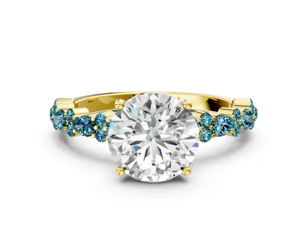 Round Cut Diamond Side Stone Solitaire Ring with Round Blue Topaz and Four-Prong Setting Yellow gold