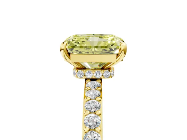Fancy Yellow Radiant Cut Diamond Solitaire Engagement Ring with Pavé Band and Four-Prong Setting Yellow gold