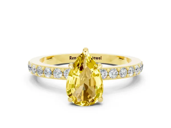 Pear Cut Yellow Sapphire Solitaire Engagement Ring with Pavé Band and Four-Prong Setting Yellow gold