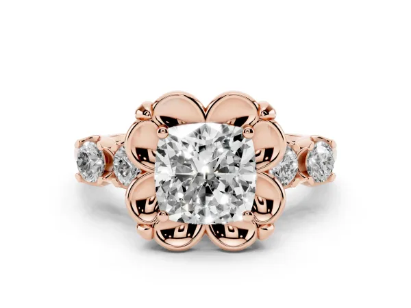 Cushion Cut Cut Diamond Floral Halo Engagement Ring with Shared Prong Setting Rose gold