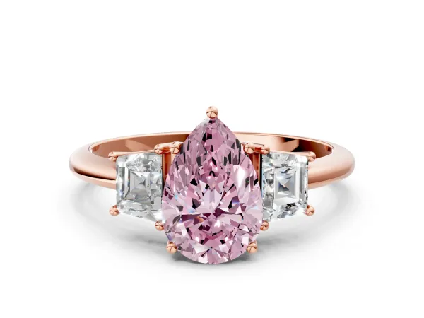 Fancy Pink Pear Cut Diamond Three-Stone Ring with Trapezoid Side Stones and Prong Setting Rose gold