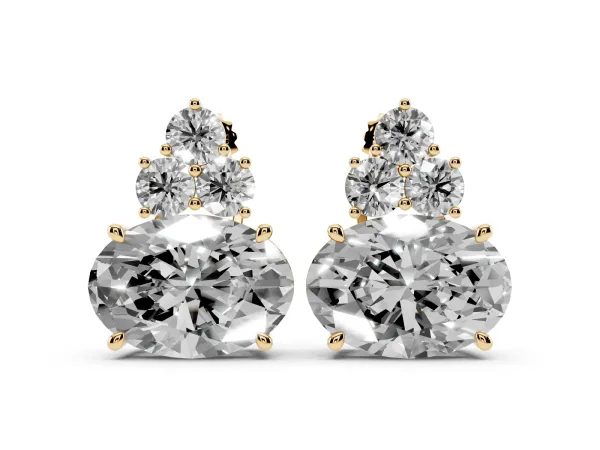 East-West Oval Diamond Cluster Stud Earrings with Round Diamond Accents Yellow gold