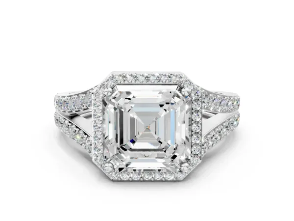 Asscher Cut Diamond Split Shank Halo Ring with Four-Prong Setting Platinum