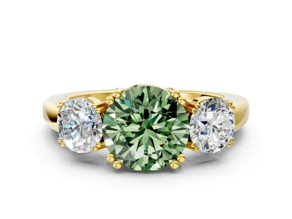 Fancy Green Three-Stone Round Cut Cut Diamond Ring with Channel Set Band and Four-Prong Setting Yellow gold