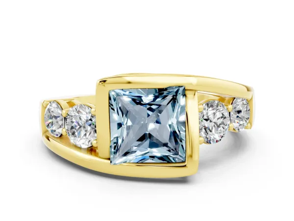 Bezel Set Princess Cut Aquamarine Bypass Ring with Round Accents Yellow gold