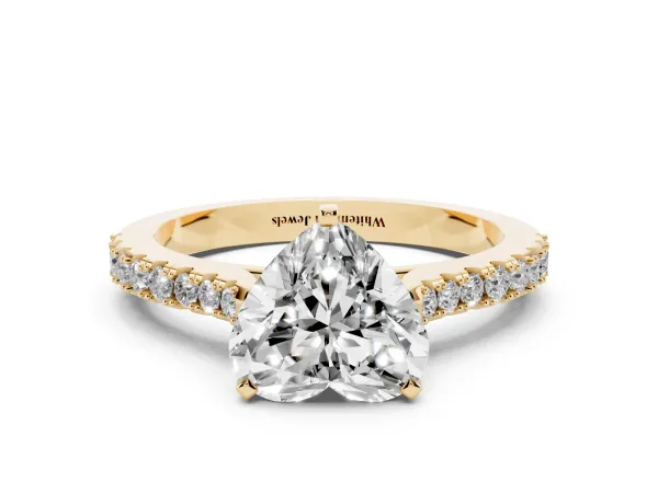 Heart Cut Cut Solitaire Diamond Engagement Ring with Pave Band and Four-Prong Setting Yellow gold