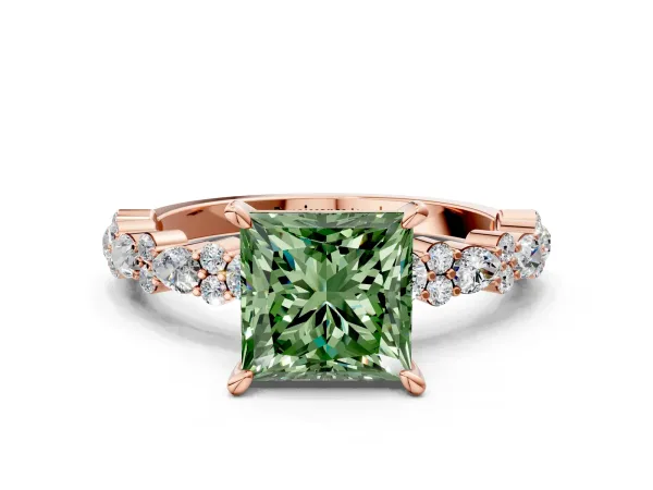 Fancy Green Princess Cut Diamond Side Stone Solitaire Ring with Round and Four-Prong Setting Rose gold