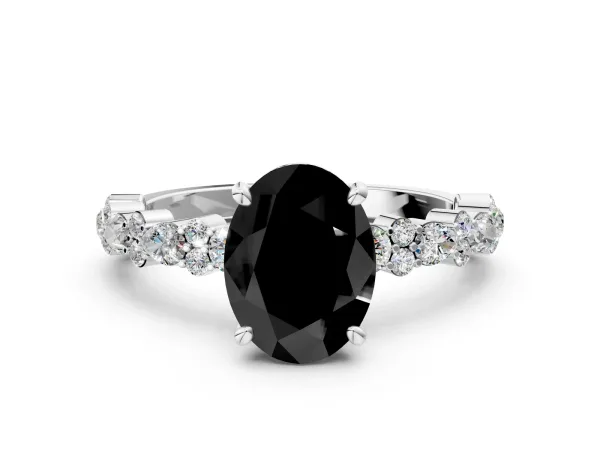 Fancy Black Oval Cut Diamond Side Stone Solitaire Ring with Round and Four-Prong Setting White gold