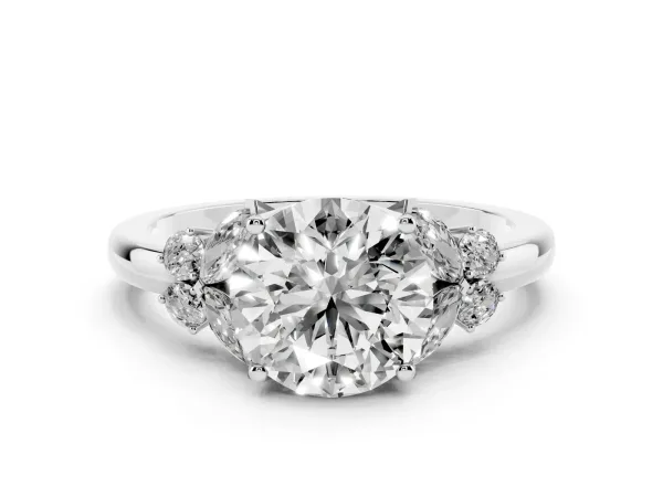 Round Cut Brilliant Diamond Floral Cluster Solitaire with Marquise and Pear Accents in Four-Prong Setting White gold