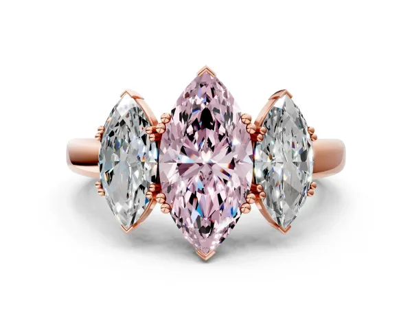 Fancy Pink Three-Stone Marquise Cut Cut Diamond Ring with Channel Set Band and Four-Prong Setting Rose gold