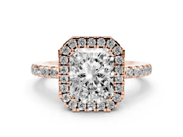 Radiant Cut Halo Diamond Engagement Ring with Pavé Band and Four-Prong Setting Rose gold