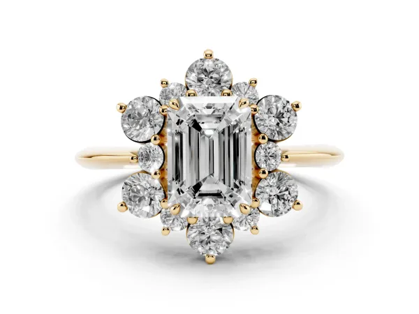 Emerald Cut Diamond Cluster Halo Ring with Solitaire Band and Four-Prong Setting Yellow gold